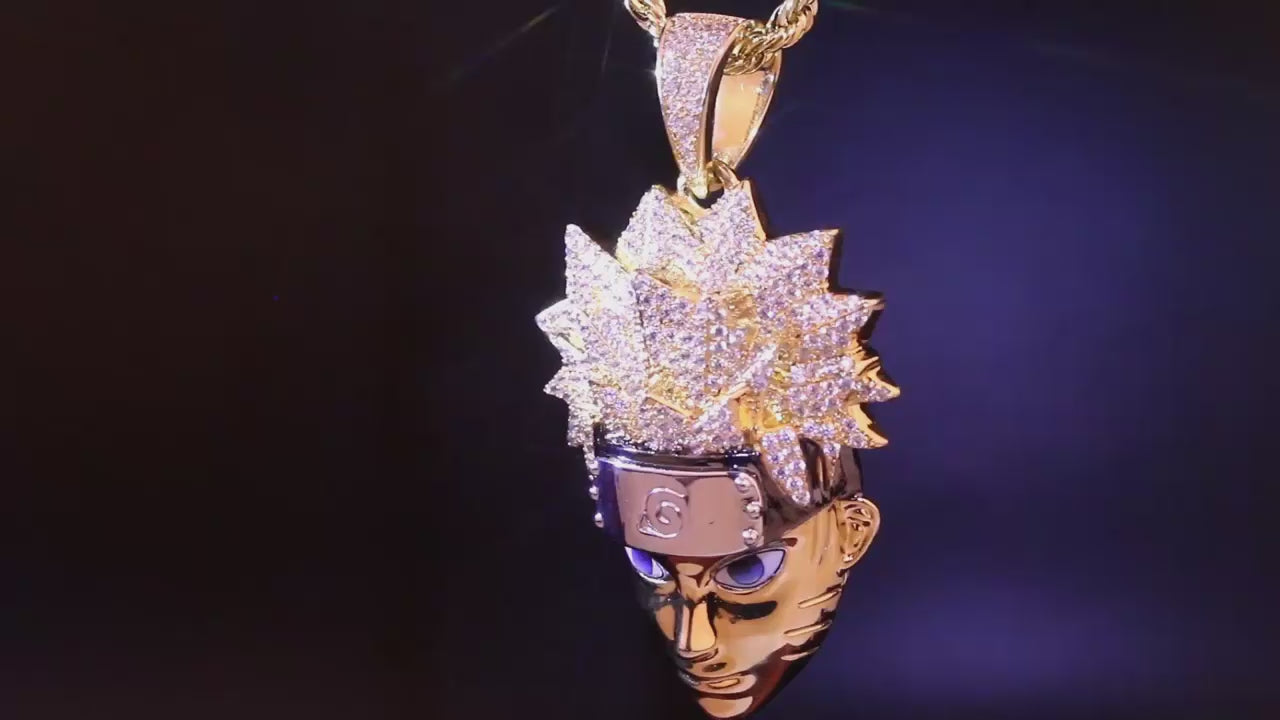 Colgante de Naruto Charm Iced Out 5A CZ Diamante Chapado en Oro de 14k