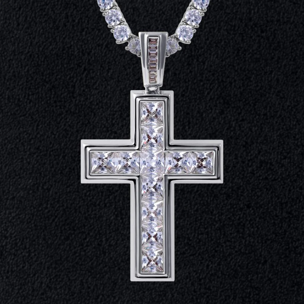 Colgante de Cruz Iced Out de Cristal de Circonita Cúbica Baguette Diamante en corte Princesa Chapado en Oro Blanco